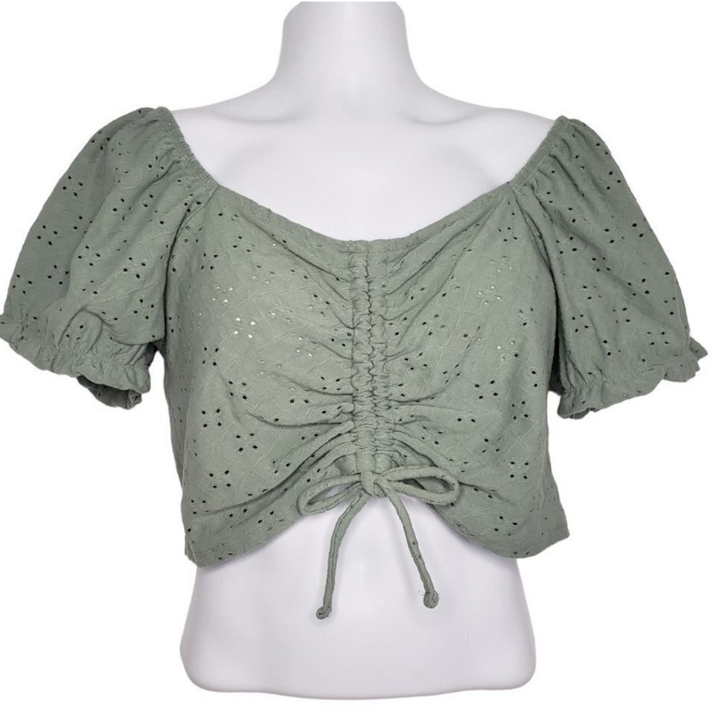 SO Juniors Cinch Front Puff Sleeve Crop Eyelet Laser Cut Top Sage Green Small